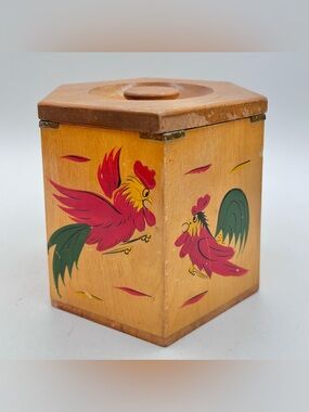 Vintage Rooster Wood Nesting Canister Octagon Japan Brown Red 5.25" x 6.25"